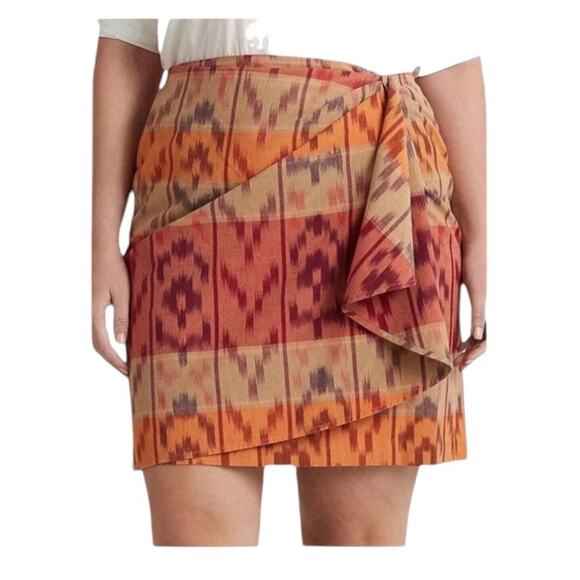 Lauren Ralph Lauren True Wrap Skirt Above  Knee Geo Motif Ruffle Ikat  NEW 14 - Picture 1 of 11
